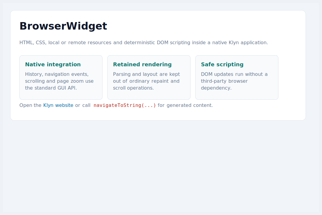 HTML and CSS page rendered by the Klyn BrowserWidget