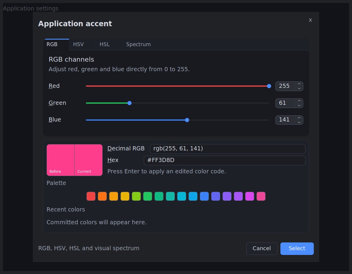 Klyn ColorLightBox displaying RGB controls, palette, recent colors and actions
