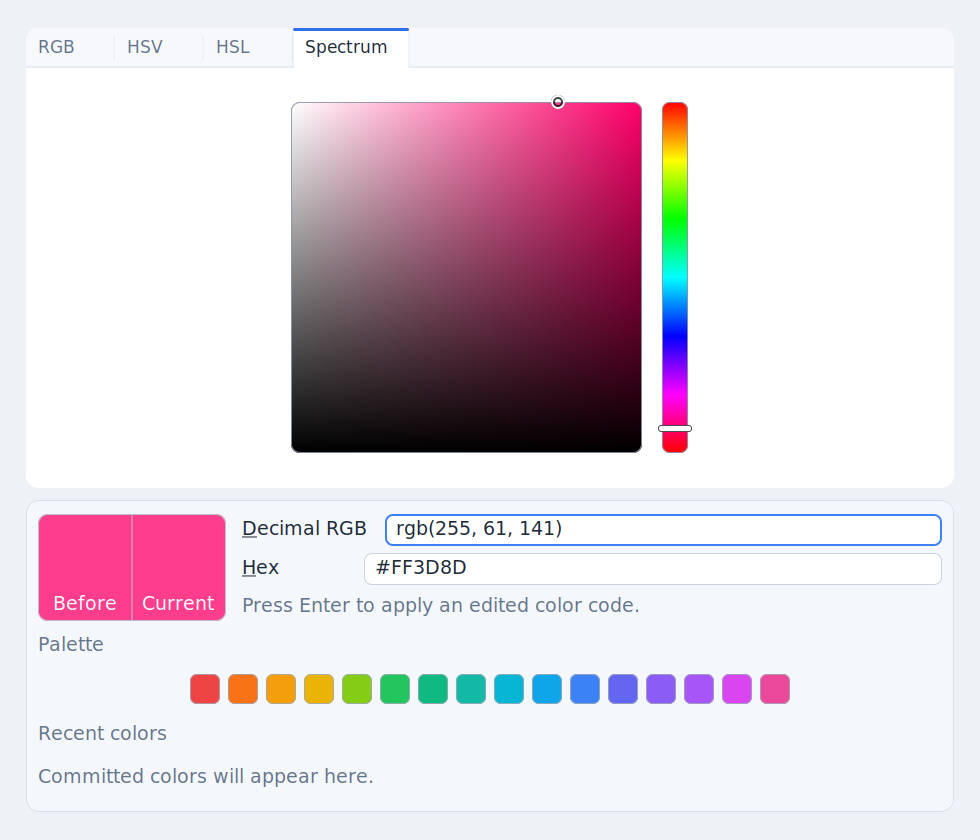 Klyn ColorPicker showing a saturation and value square with a hue strip