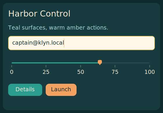 Klyn GUI rendered with a custom teal and amber KSS theme