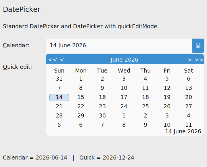 DatePicker sample with the calendar popup open