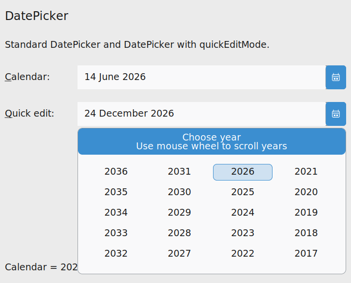 DatePicker quick edit mode showing year selection