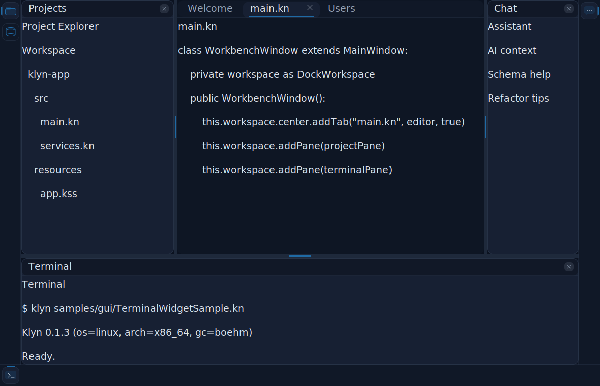 DockWorkspace with project, chat and terminal panes expanded