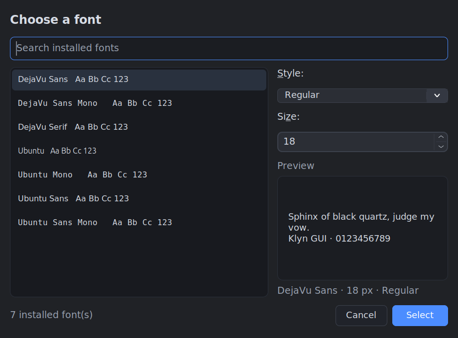 Klyn FontDialog showing installed families and a live preview