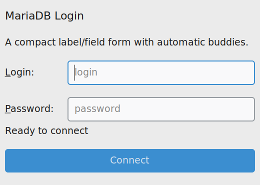 Klyn FormLayout login form with aligned labels, text fields, status label, and connect button