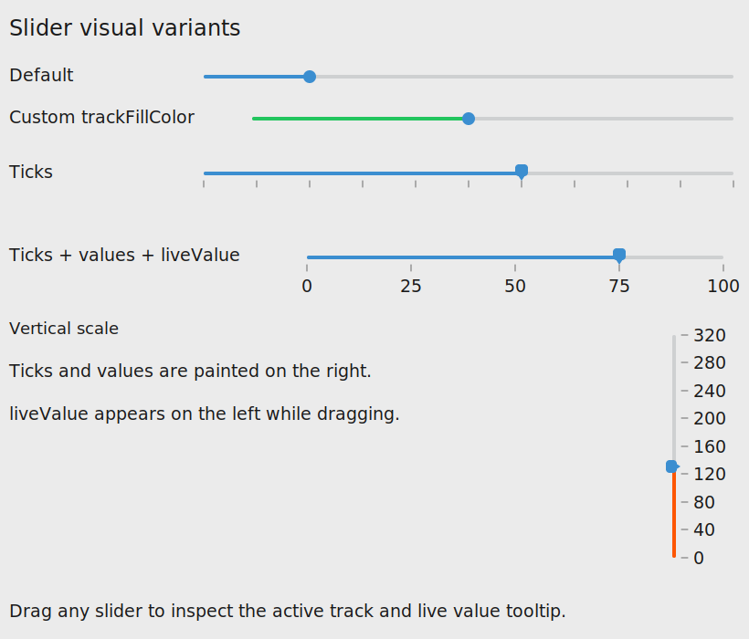 Klyn slider demo showing default, filled, ticked, labeled, and vertical sliders